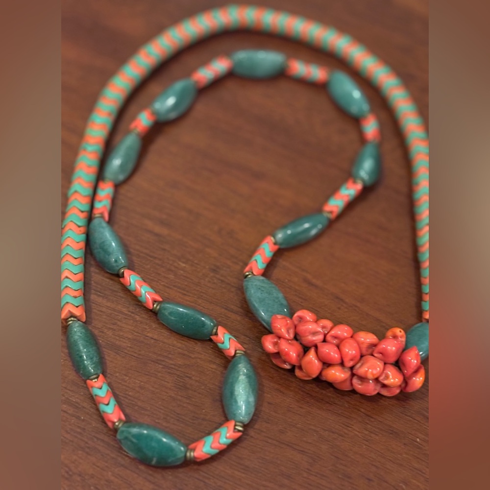 Native   Style Long Necklace  of Coral and Jade